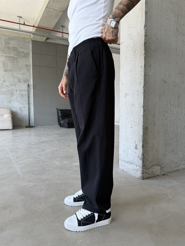 Premium Pileli Relax Fit Pantolon - Siyah