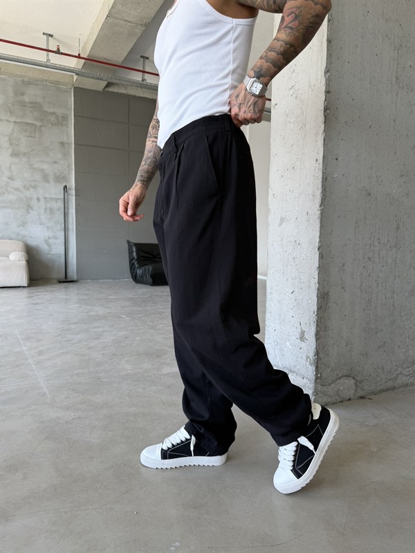 Premium Pileli Relax Fit Pantolon - Siyah