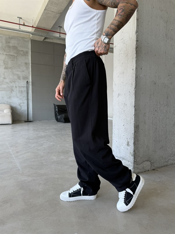 Premium Pileli Relax Fit Pantolon - Siyah