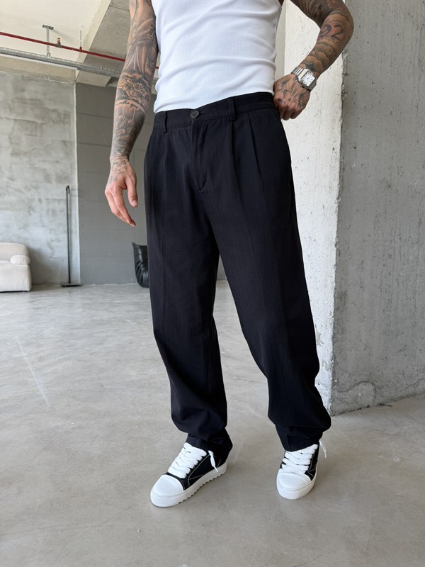 Premium Pileli Relax Fit Pantolon - Siyah