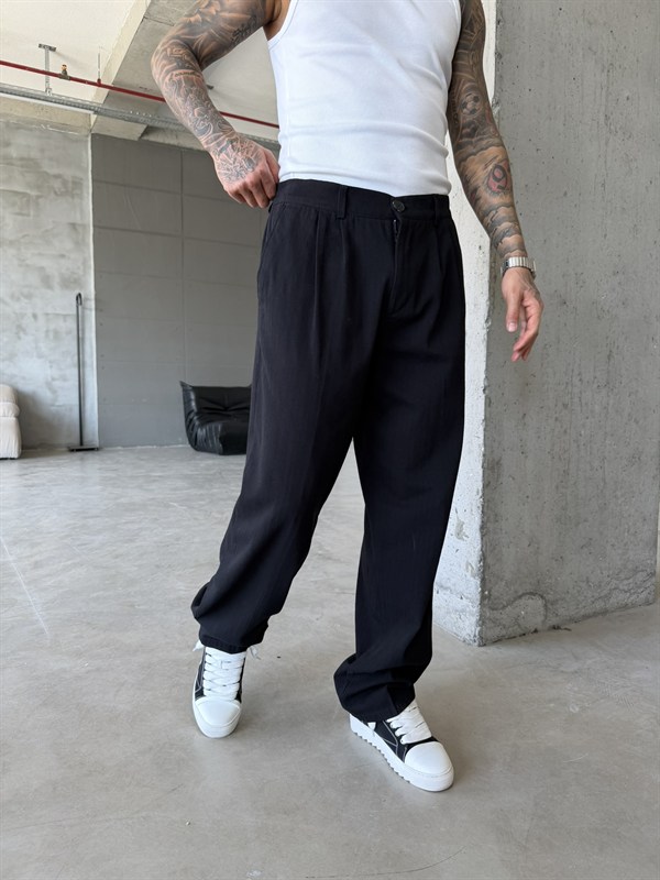 Premium Pileli Relax Fit Pantolon - Siyah