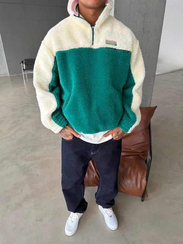 Premium Retro Peluş  Zip Sweat - Yeşil