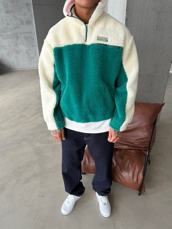 Premium Retro Peluş  Zip Sweat - Yeşil