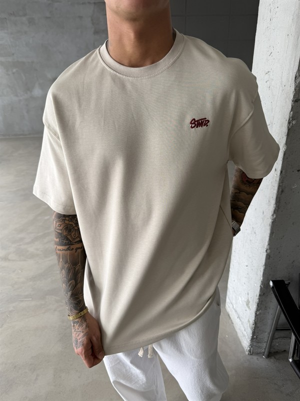 Premium SW Sırt Nakışlı Detaylı T-Shirt-Bej