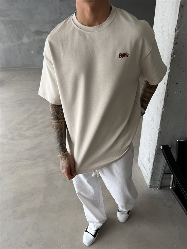 Premium SW Sırt Nakışlı Detaylı T-Shirt-Bej