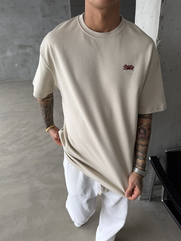 Premium SW Sırt Nakışlı Detaylı T-Shirt-Bej