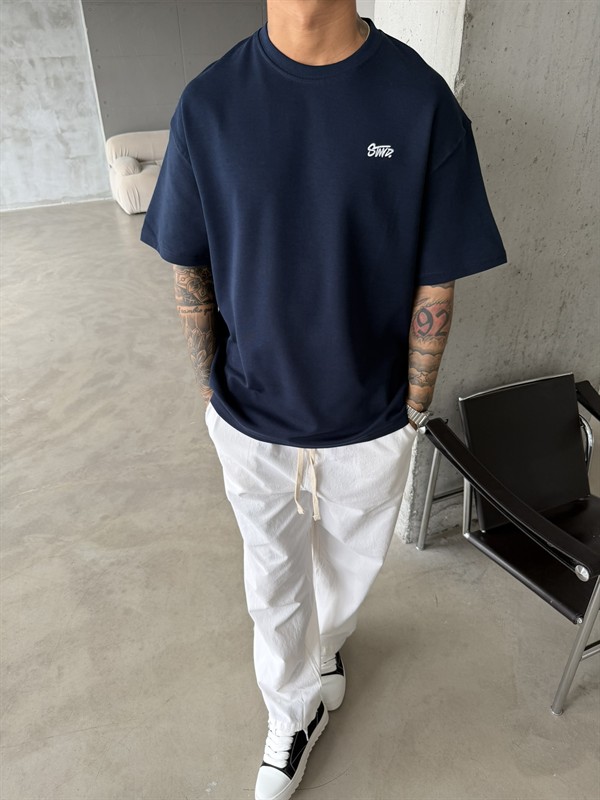 Premium SW Sırt Nakışlı Detaylı T-Shirt-Lacivert