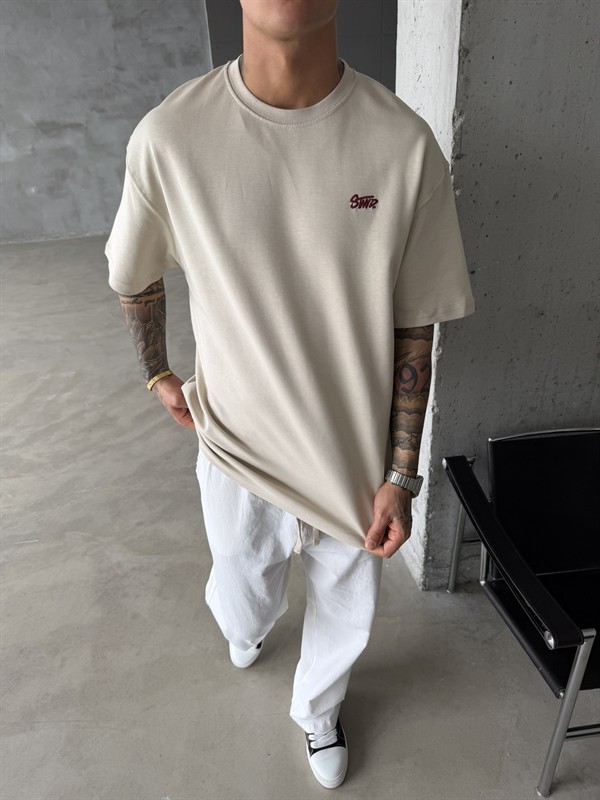 Premium SW Sırt Nakışlı Detaylı T-Shirt-Bej