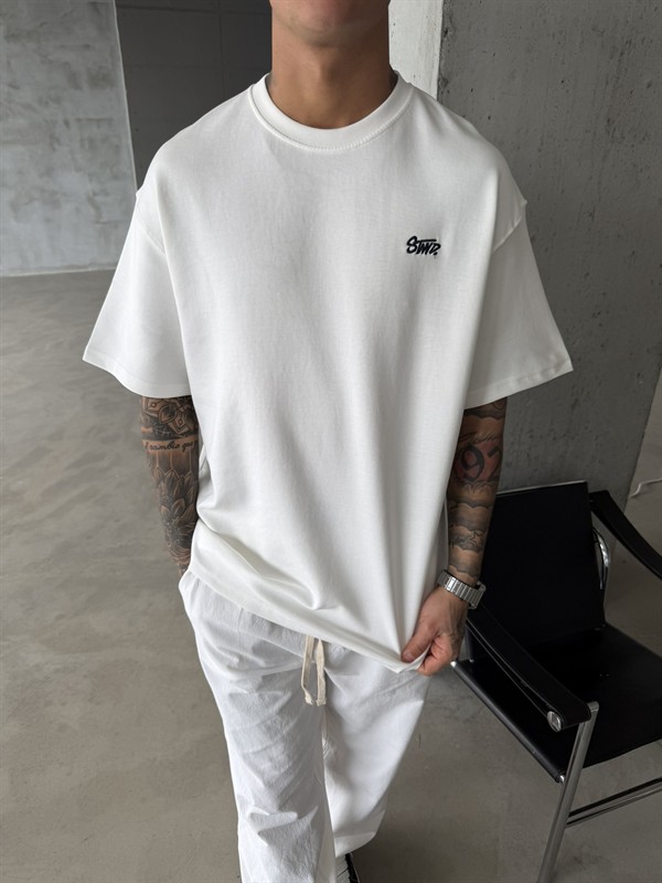 Premium SW Sırt Nakışlı Detaylı T-Shirt-Beyaz