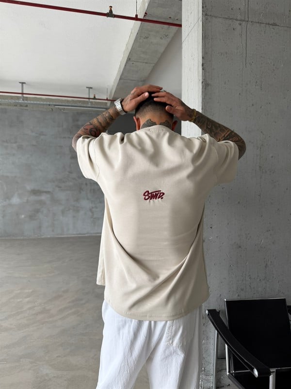 Premium SW Sırt Nakışlı Detaylı T-Shirt-Bej