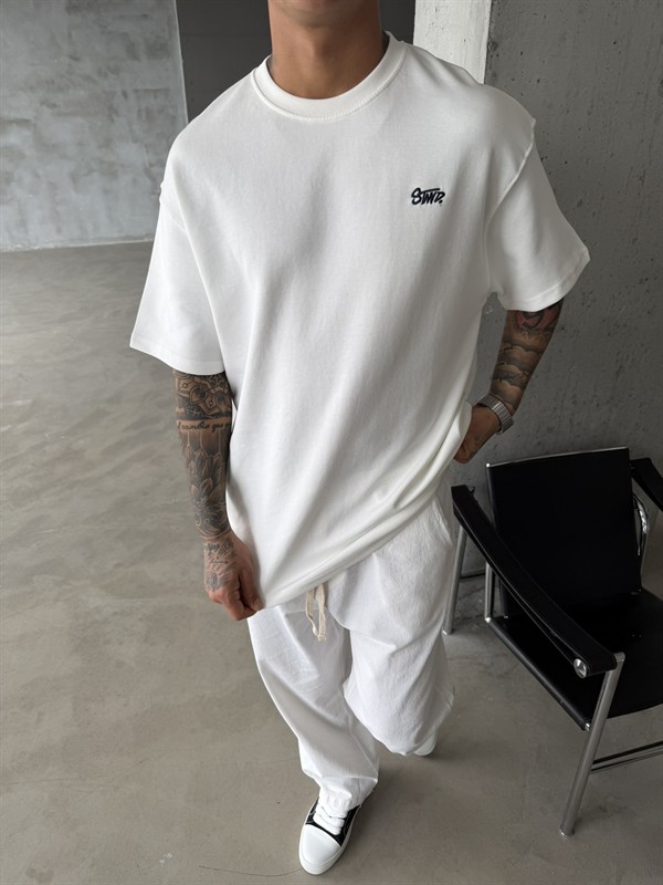 Premium SW Sırt Nakışlı Detaylı T-Shirt-Beyaz