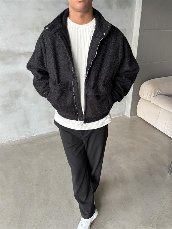 Premium Tüylü Kaşe Ceket - Siyah