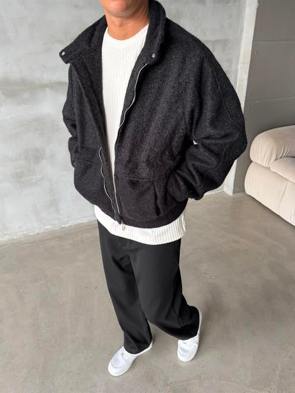 Premium Tüylü Kaşe Ceket - Siyah