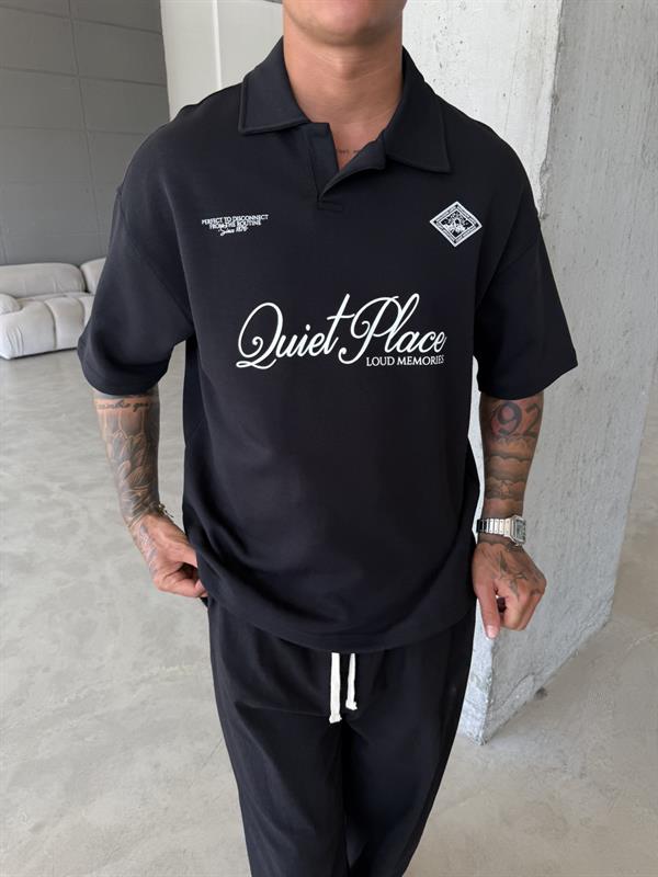 Quit Place Polo Yaka T-Shrit - Siyah