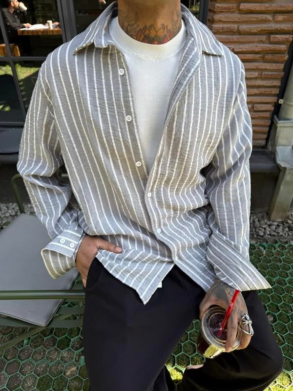 Rahat Çizgili Uzun Kol Oversize Gömlek - Gri