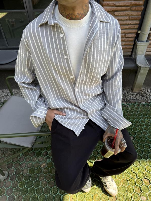 Rahat Çizgili Uzun Kol Oversize Gömlek - Gri