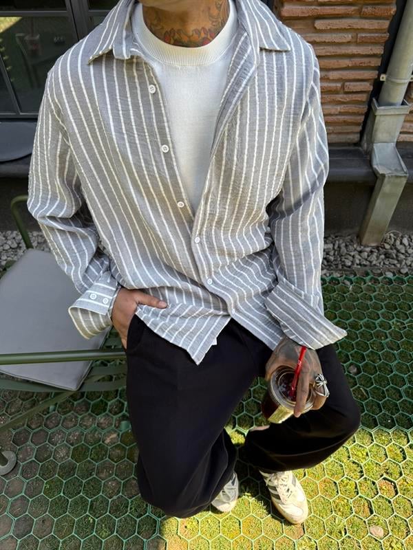 Rahat Çizgili Uzun Kol Oversize Gömlek - Gri