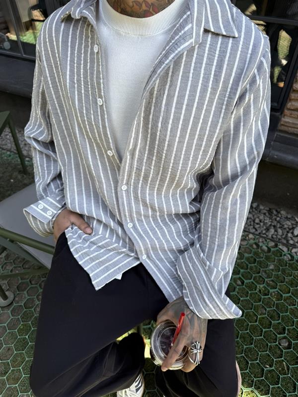 Rahat Çizgili Uzun Kol Oversize Gömlek - Gri