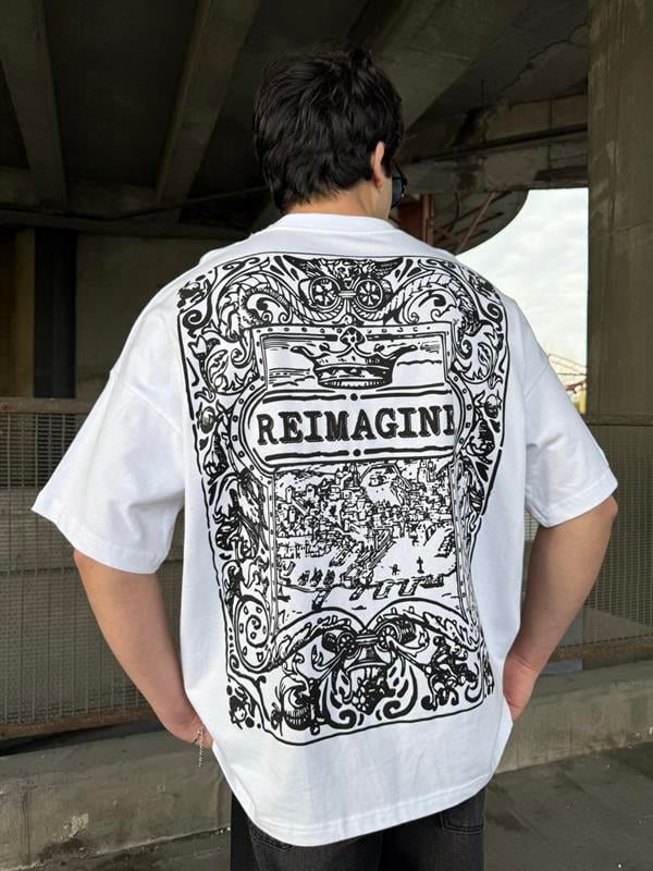 REIMAGINE Desenli Oversize T-Shirt - Beyaz