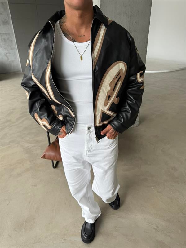 Relax Fit Capitone Deri Ceket - Siyah