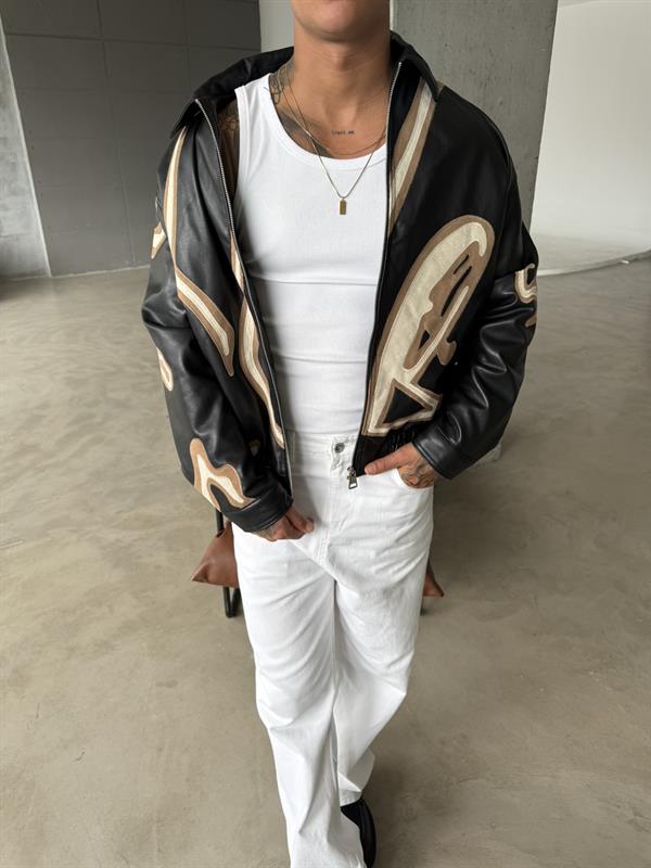 Relax Fit Capitone Deri Ceket - Siyah