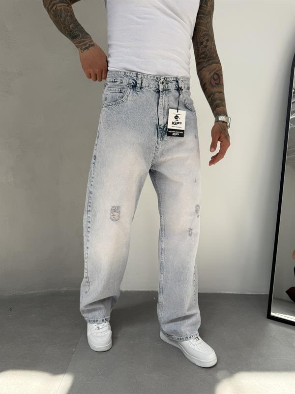 Relax Fit Yırtık Detaylı Baggy Pantolon - Buz Mavi