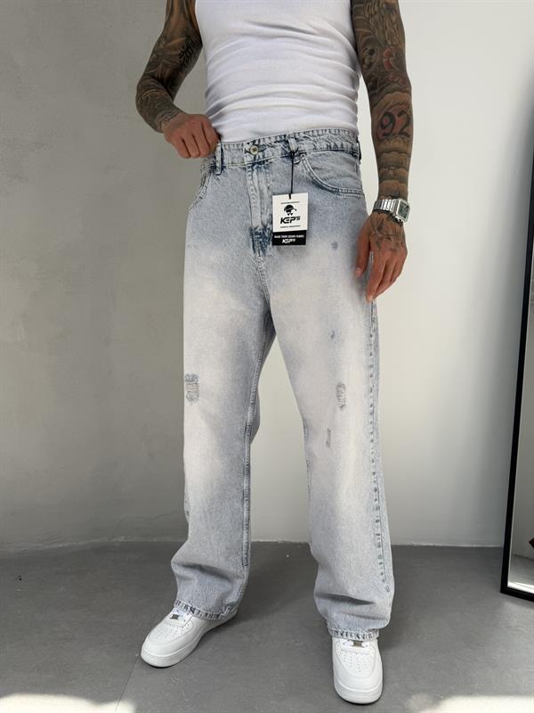 Relax Fit Yırtık Detaylı Baggy Pantolon - Buz Mavi