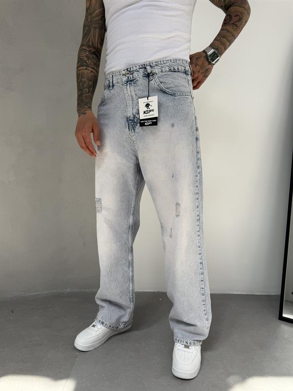 Relax Fit Yırtık Detaylı Baggy Pantolon - Buz Mavi