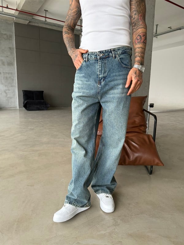 Relax Yıkamalı Eskitme Baggy Pantolon - İndigo