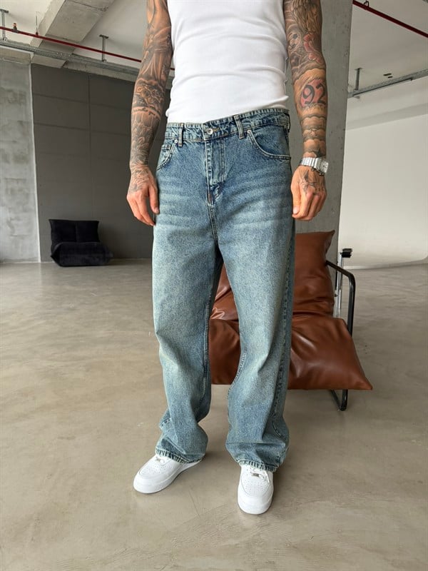Relax Yıkamalı Eskitme Baggy Pantolon - İndigo