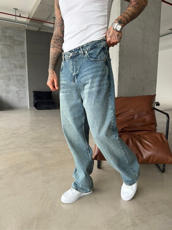 Relax Yıkamalı Eskitme Baggy Pantolon - İndigo