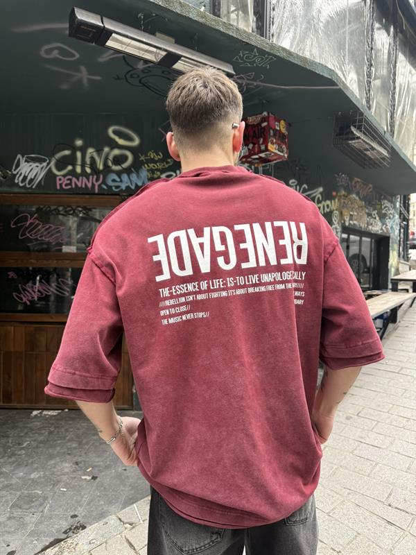 Renegade Yıkamalı Oversize T-Shirt - Bordo