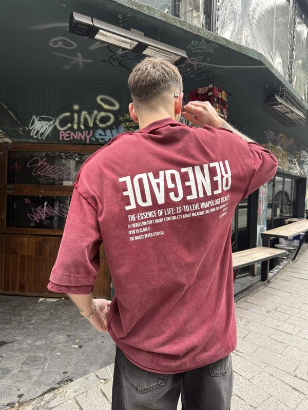 Renegade Yıkamalı Oversize T-Shirt - Bordo
