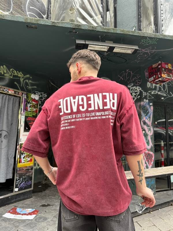 Renegade Yıkamalı Oversize T-Shirt - Bordo