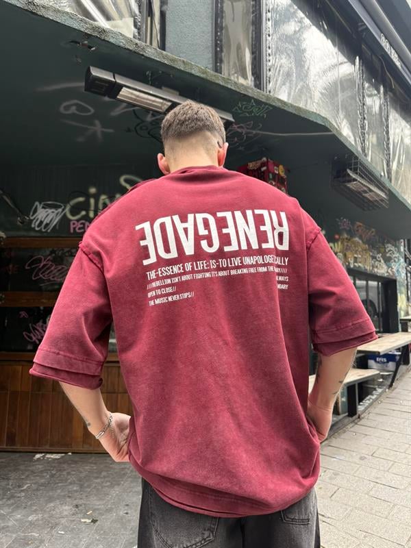 Renegade Yıkamalı Oversize T-Shirt - Bordo