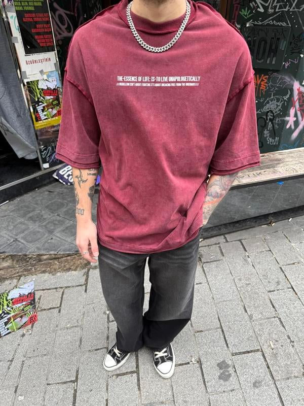 Renegade Yıkamalı Oversize T-Shirt - Bordo