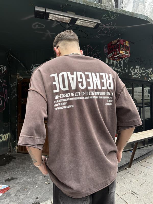 Renegade Yıkamalı Oversize T-Shirt - Kahve