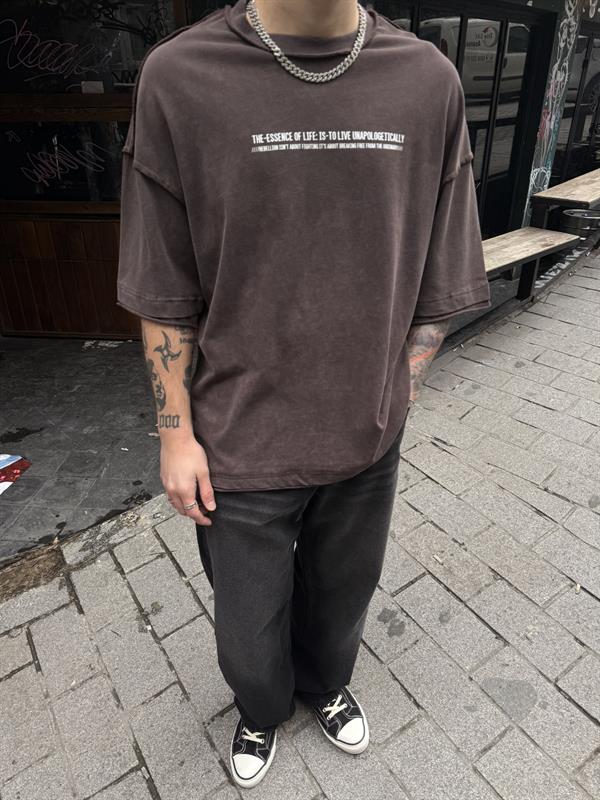 Renegade Yıkamalı Oversize T-Shirt - Kahve