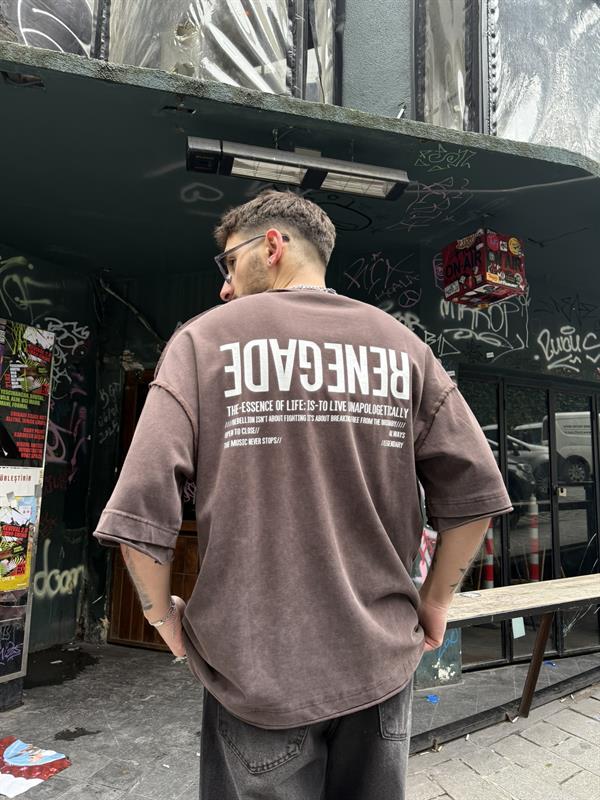 Renegade Yıkamalı Oversize T-Shirt - Kahve