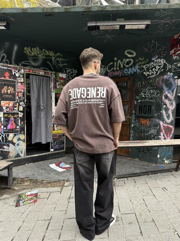 Renegade Yıkamalı Oversize T-Shirt - Kahve