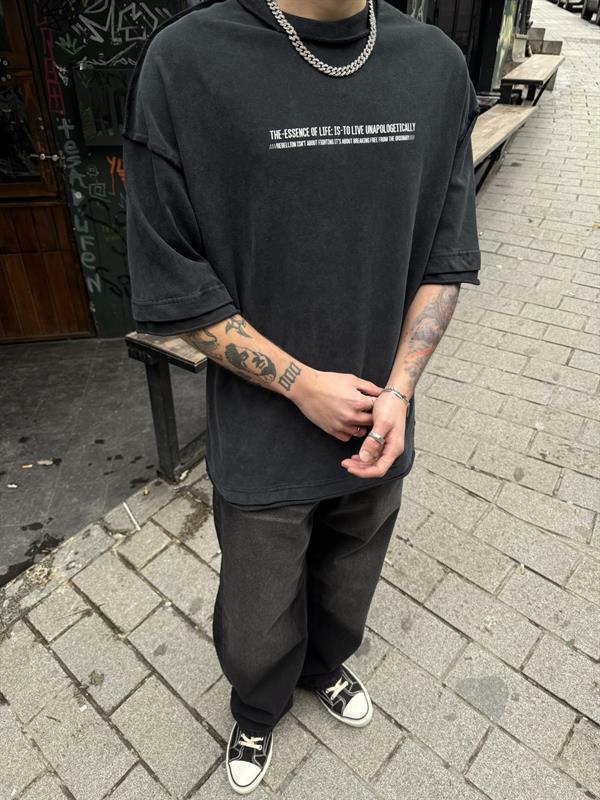 Renegade Yıkamalı Oversize T-Shirt -Siyah