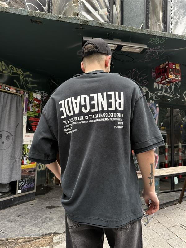 Renegade Yıkamalı Oversize T-Shirt -Siyah