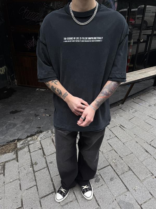 Renegade Yıkamalı Oversize T-Shirt -Siyah