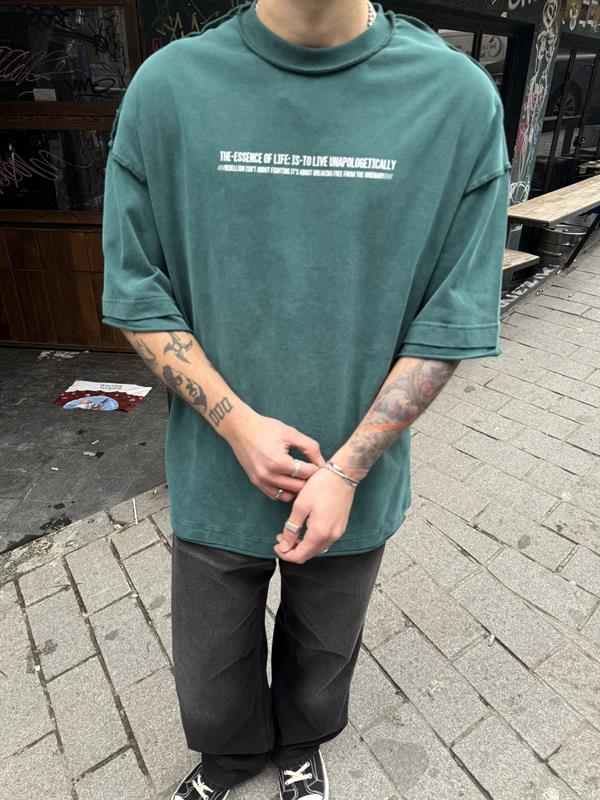 Renegade Yıkamalı Oversize T-Shirt -Yeşil