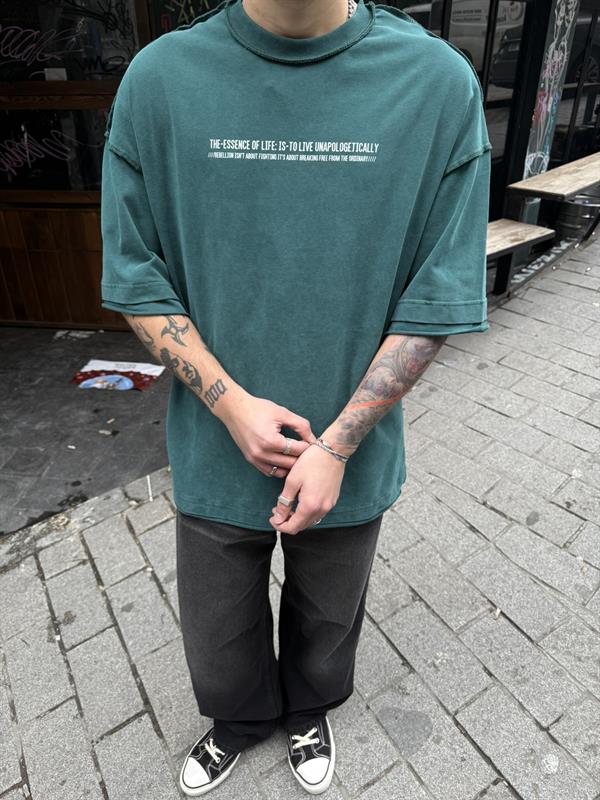Renegade Yıkamalı Oversize T-Shirt -Yeşil