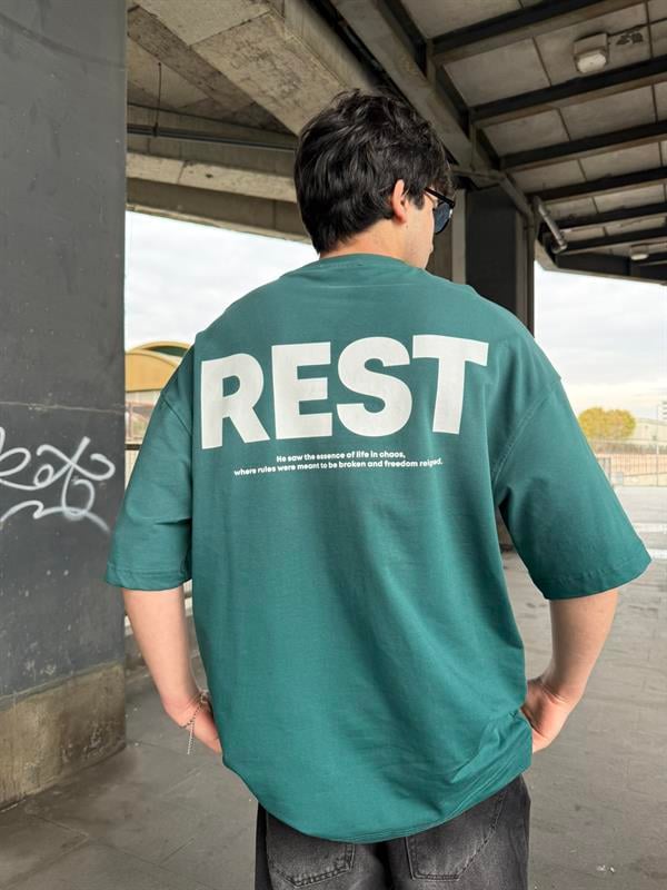 Rest Spreyli Oversize T-Shirt -Yeşil