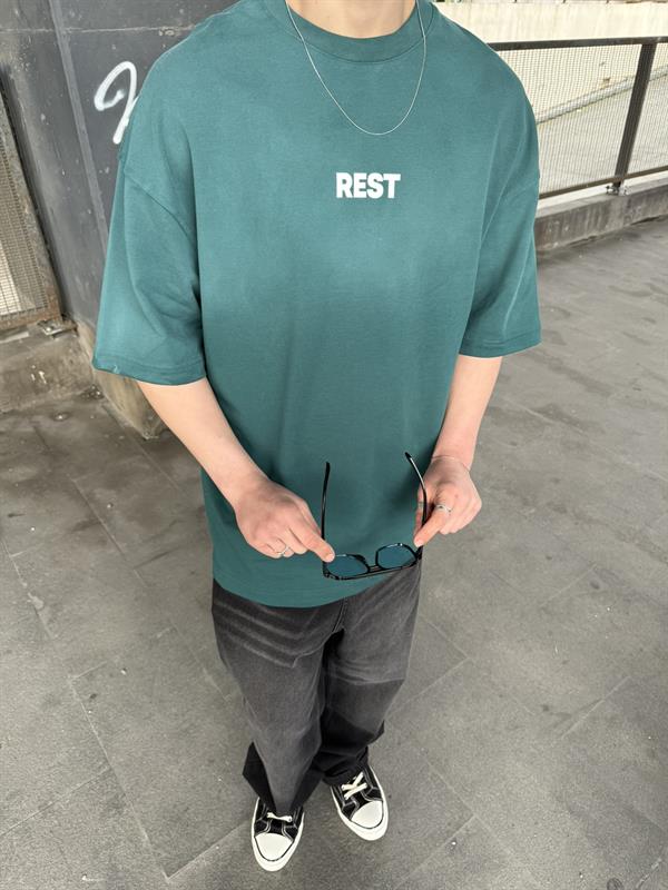 Rest Spreyli Oversize T-Shirt -Yeşil