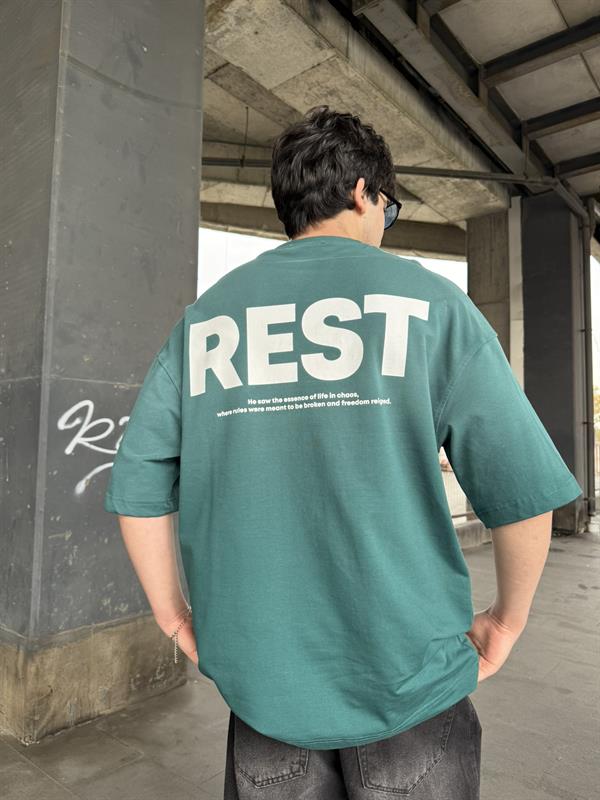 Rest Spreyli Oversize T-Shirt -Yeşil