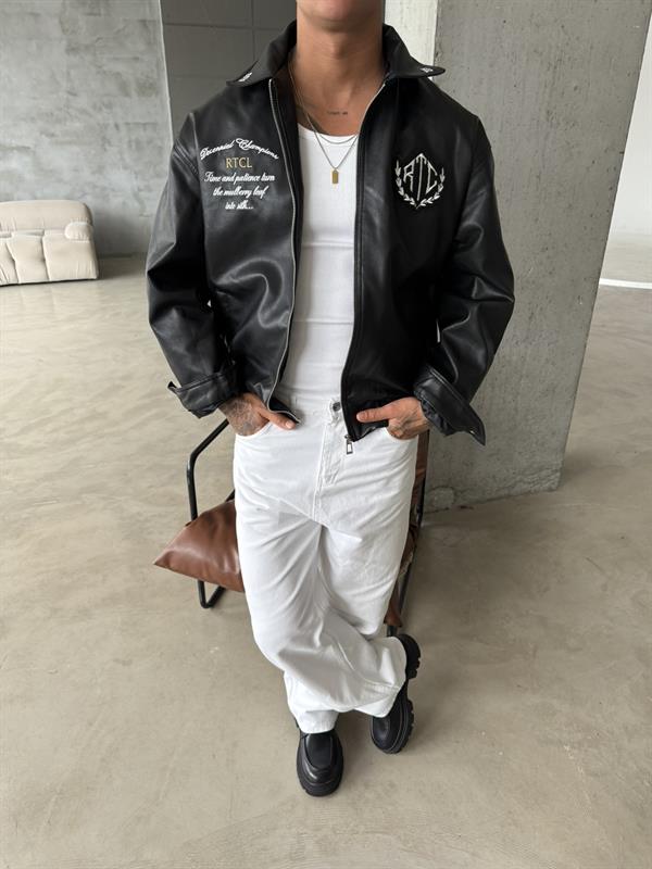 Retro Club Nakışlı Deri Ceket - Siyah