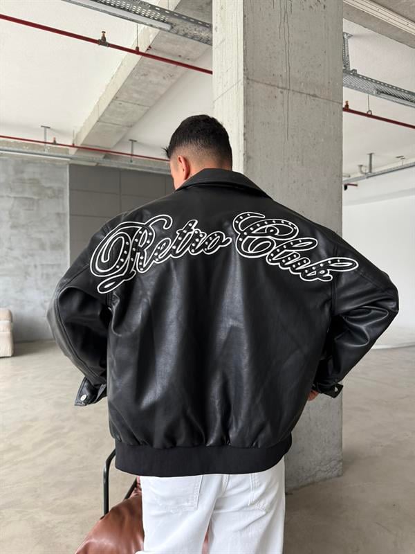 Retro Club Nakışlı Deri Ceket - Siyah